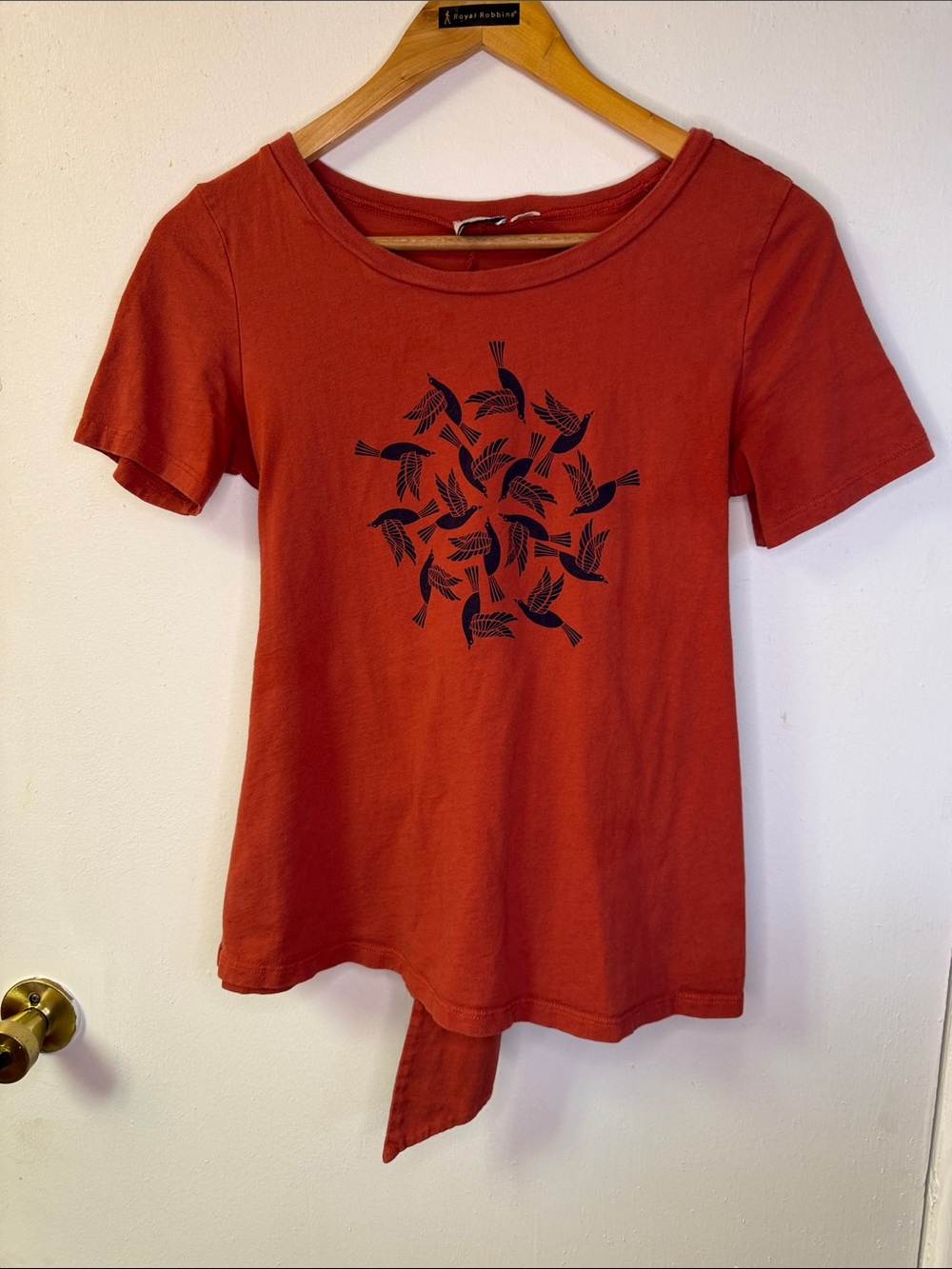 Anthropologie Rust Short-Sleeve Tee with Navy Bird Graphic and Back Tie